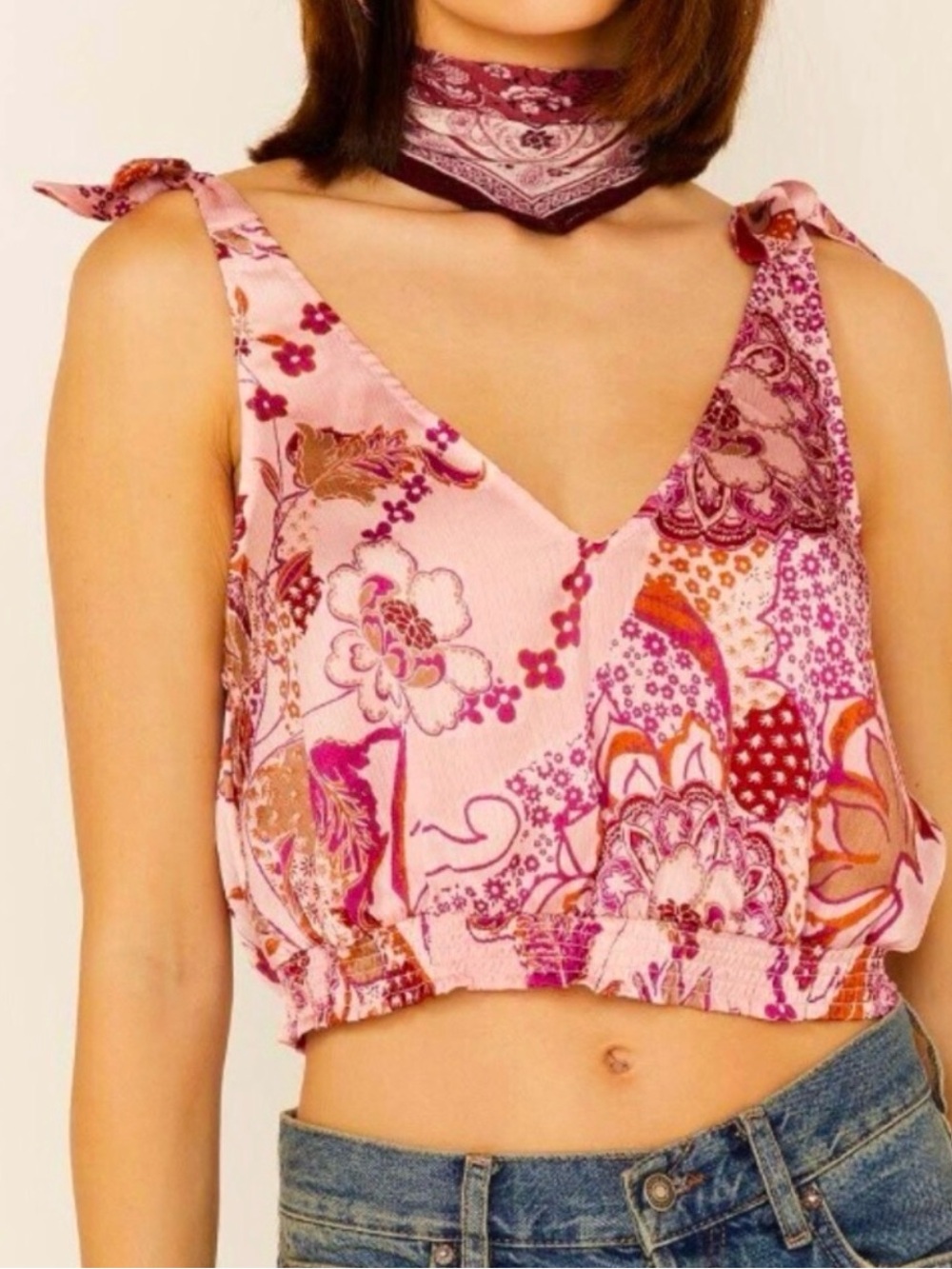 Free People Pink Paisley Tie-Shoulder Crop Top